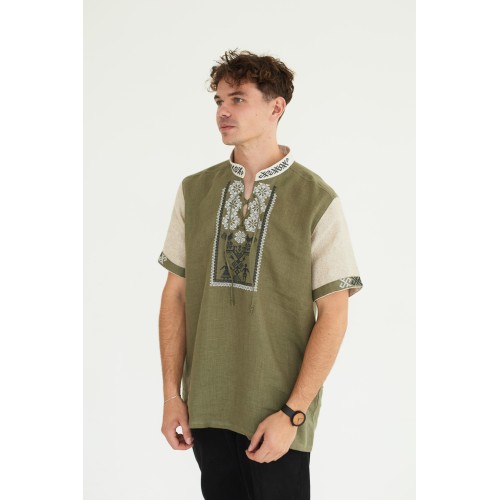 Льняная рубашка в цвете хаки "Дерево Жизни"