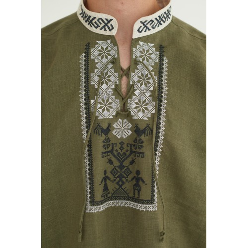 Льняная рубашка в цвете хаки "Дерево Жизни"