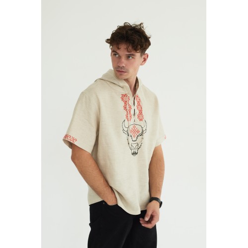 Льняная рубашка с капюшоном "Зубр" в натуральном цвете льна