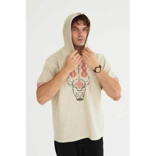 Льняная рубашка с капюшоном "Зубр" в натуральном цвете льна