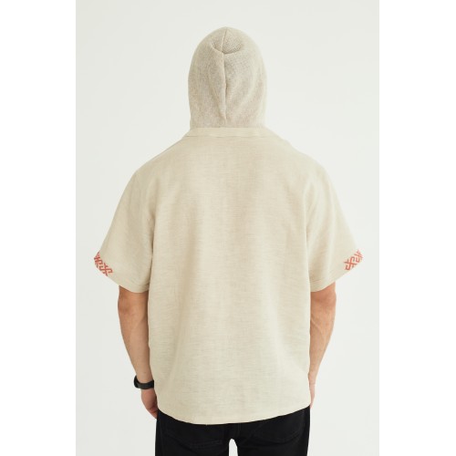 Льняная рубашка с капюшоном "Зубр" в натуральном цвете льна