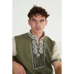 Льняная рубашка в цвете хаки "Дерево Жизни"