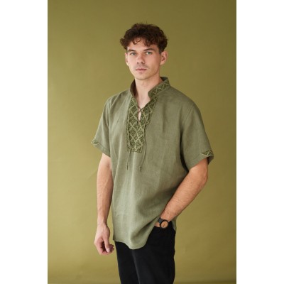 Льняная мужская рубашка в цвете хаки с орнаментом "МОНО"