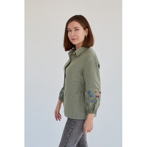 Льняная женская рубашка в цвете хаки (манжет резинка)