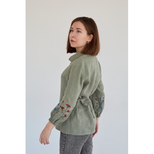 Льняная женская рубашка в цвете хаки (манжет резинка)