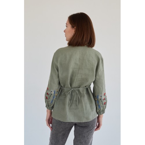 Льняная женская рубашка в цвете хаки (манжет резинка)