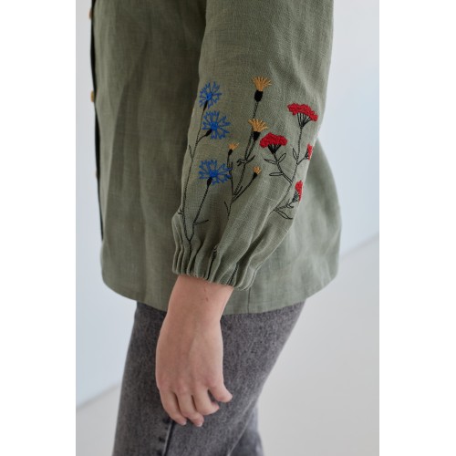 Льняная женская рубашка в цвете хаки (манжет резинка)