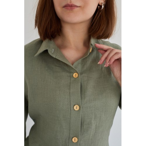 Льняная женская рубашка в цвете хаки (манжет резинка)