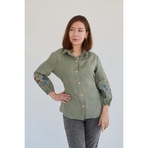 Льняная женская рубашка в цвете хаки (манжет резинка)