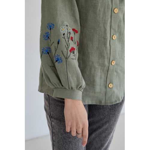 Льняная женская рубашка в цвете хаки (манжет фонарик)