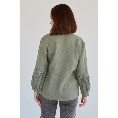 Льняная женская рубашка в цвете хаки (манжет фонарик)