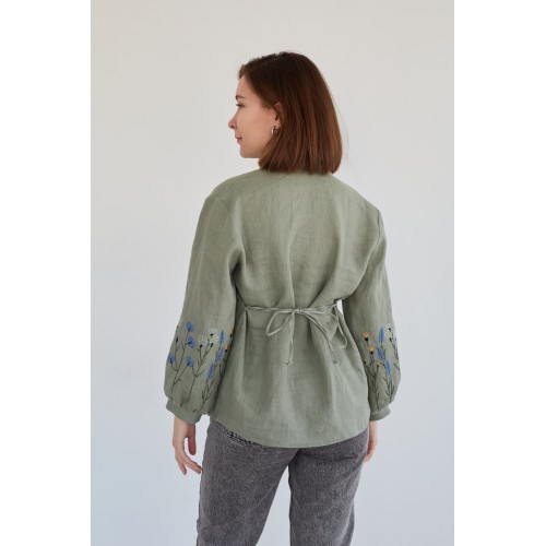 Льняная женская рубашка в цвете хаки (манжет фонарик)