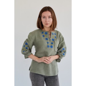 Женская блузка с рукавом 3/4 "Васильки" в цвете хаки