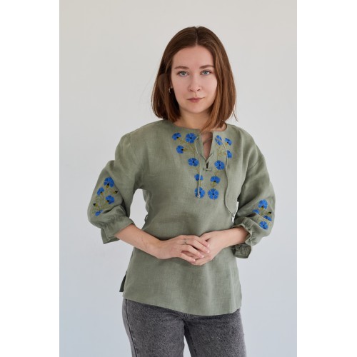 Женская блузка с рукавом 3/4 "Васильки" в цвете хаки