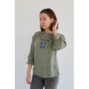Женская блузка с рукавом 3/4 "Васильки" в цвете хаки