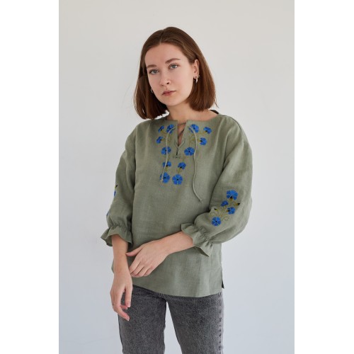 Женская блузка с рукавом 3/4 "Васильки" в цвете хаки