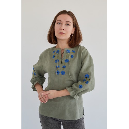 Женская блузка с рукавом 3/4 "Васильки" в цвете хаки