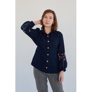 Льняная женская рубашка в темно-синем цвете (манжет фонарик)