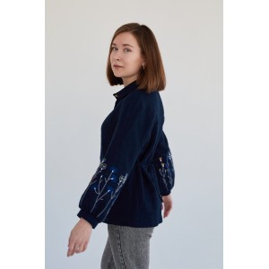 Льняная женская рубашка в темно-синем цвете (манжет фонарик)