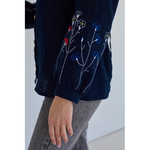 Льняная женская рубашка в темно-синем цвете (манжет фонарик)