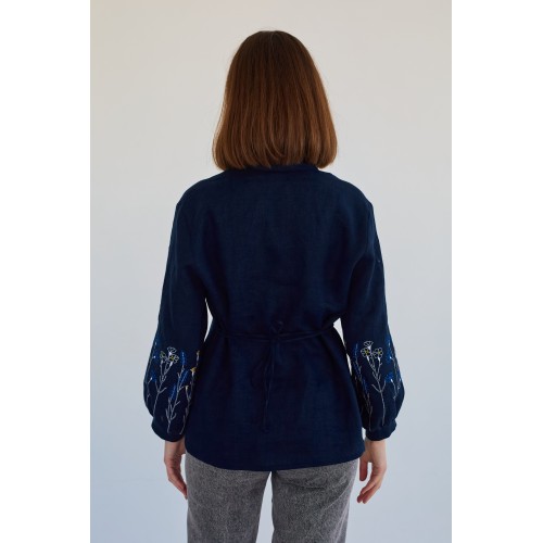 Льняная женская рубашка в темно-синем цвете (манжет фонарик)