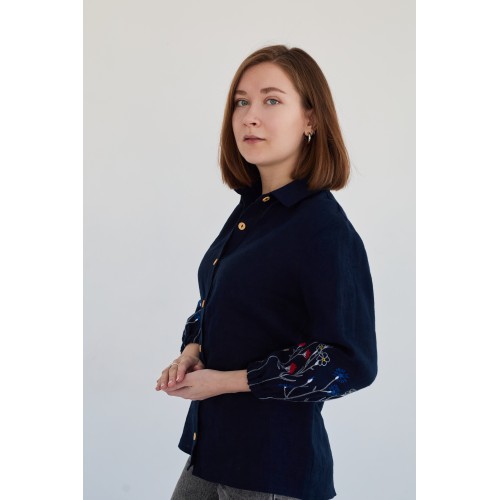 Льняная женская рубашка в темно-синем цвете (манжет резинка)