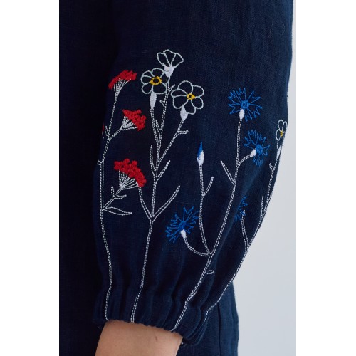 Льняная женская рубашка в темно-синем цвете (манжет резинка)