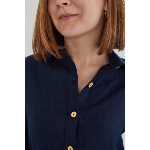 Льняная женская рубашка в темно-синем цвете (манжет резинка)