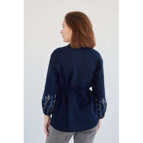 Льняная женская рубашка в темно-синем цвете (манжет резинка)