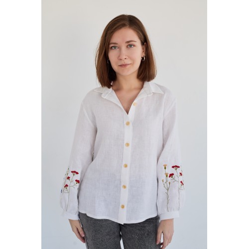 Женская льняная рубашка в белом цвете ( манжет фонарик )